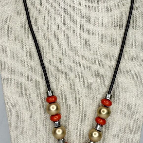 Chicos Orange Gold Tone Beaded Cord Studded Boho Pendant Necklace ✨ - Picture 3 of 8